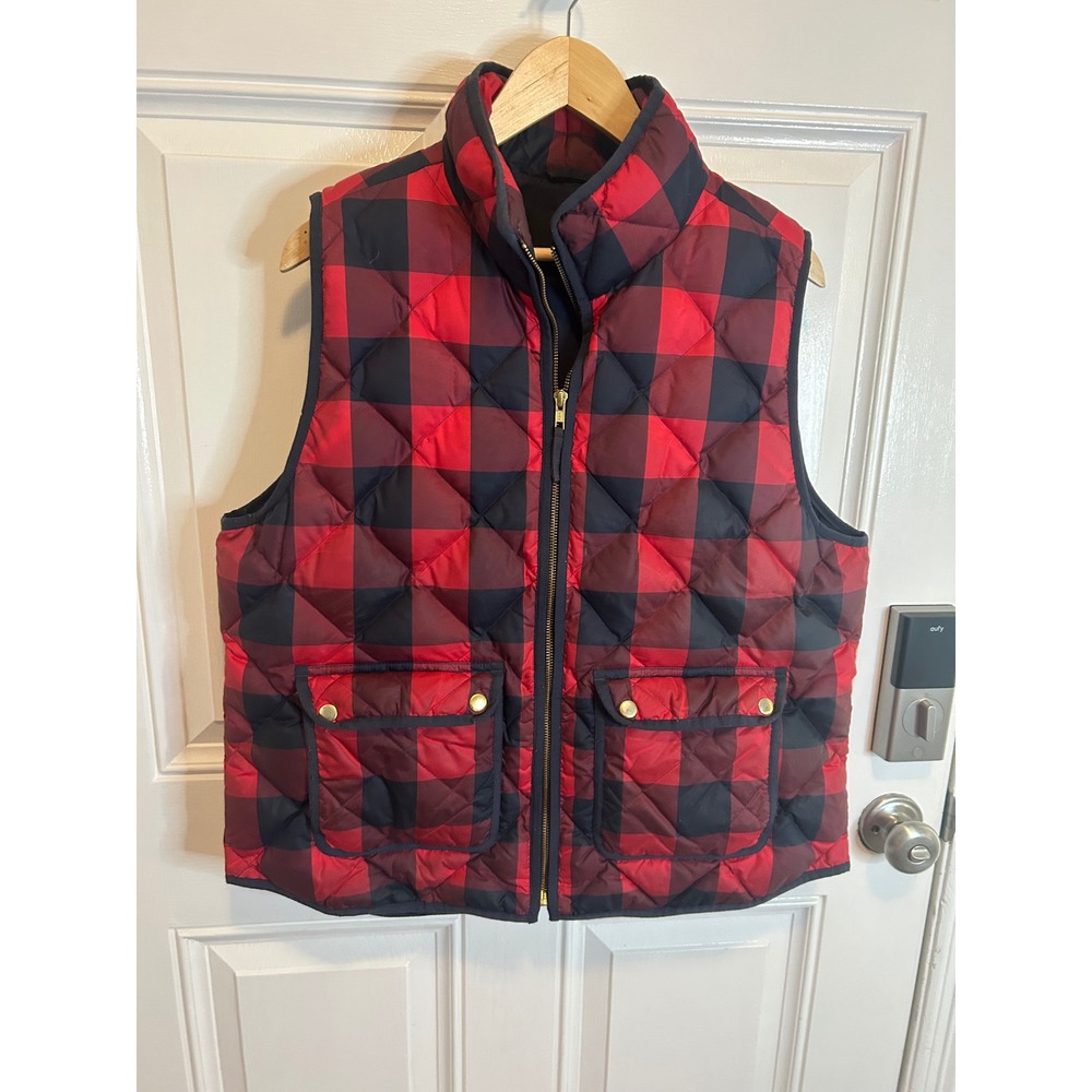 J.Crew Puffer Vest Red Navy Buffalo Check Quilted‎ Down Excursion Vest